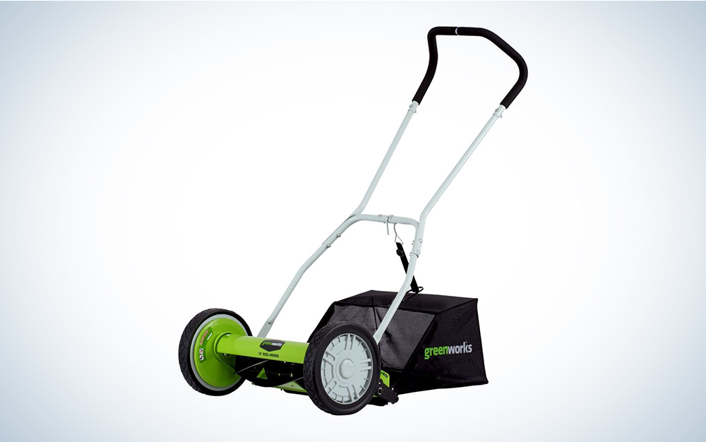 A green and black Greenworks lawn mower on a blue and white background.