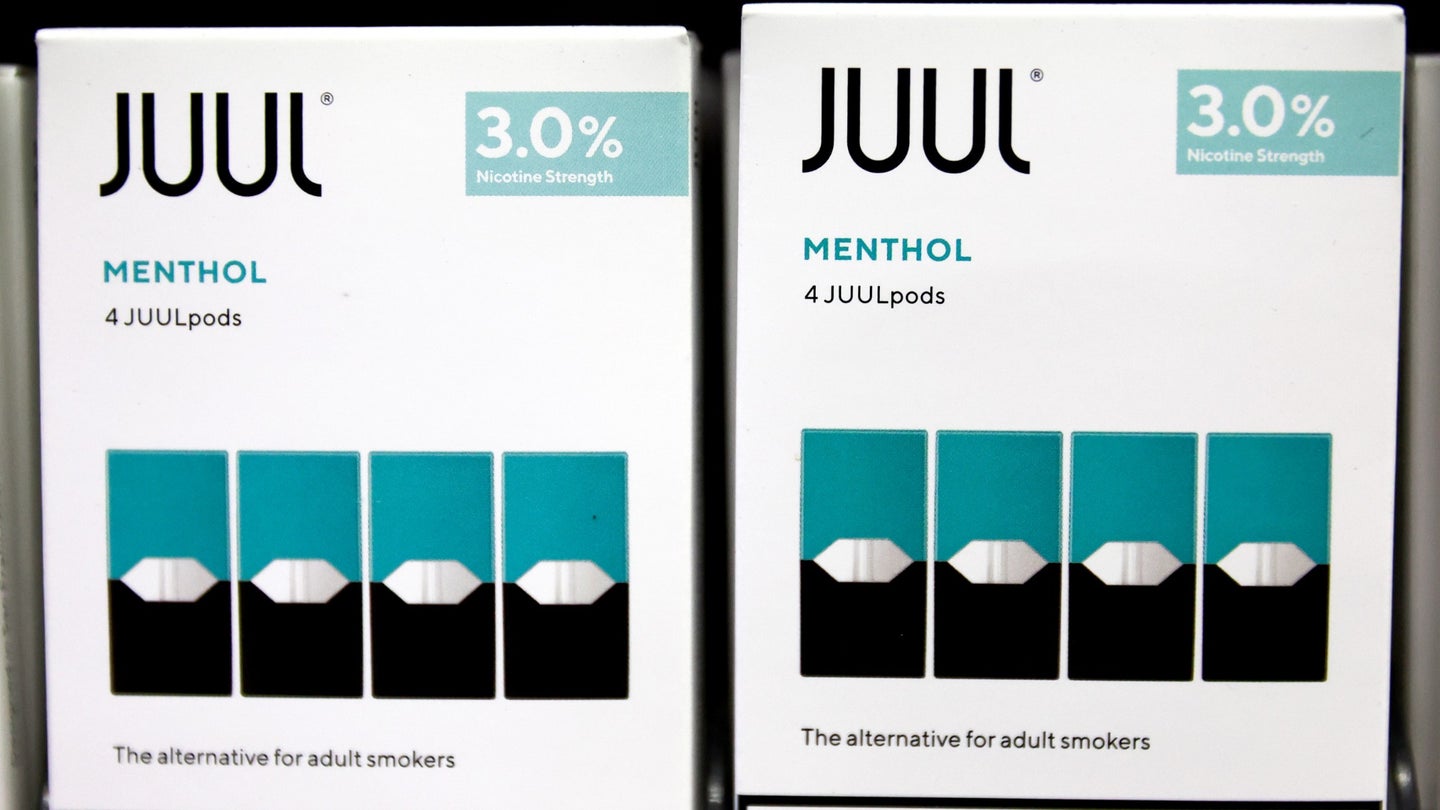 Packages of Juul e-cigarettes are displayed for sale on June 22, 2022 in Los Angeles, California.