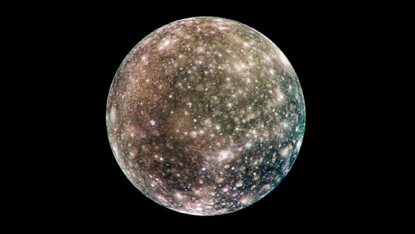 Callisto Jupiter moon in colorized NASA Galileo image