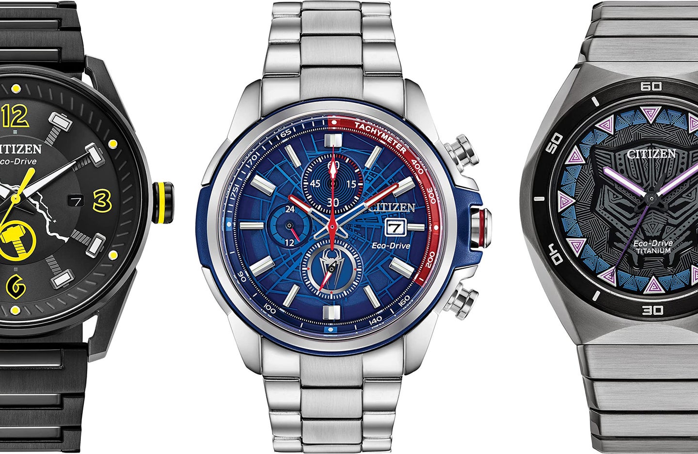 Citizen Marvel-themed watches that are on-sale at Amazon. From left to right: Thor watch, Spider Man watch, Black Panther watch.