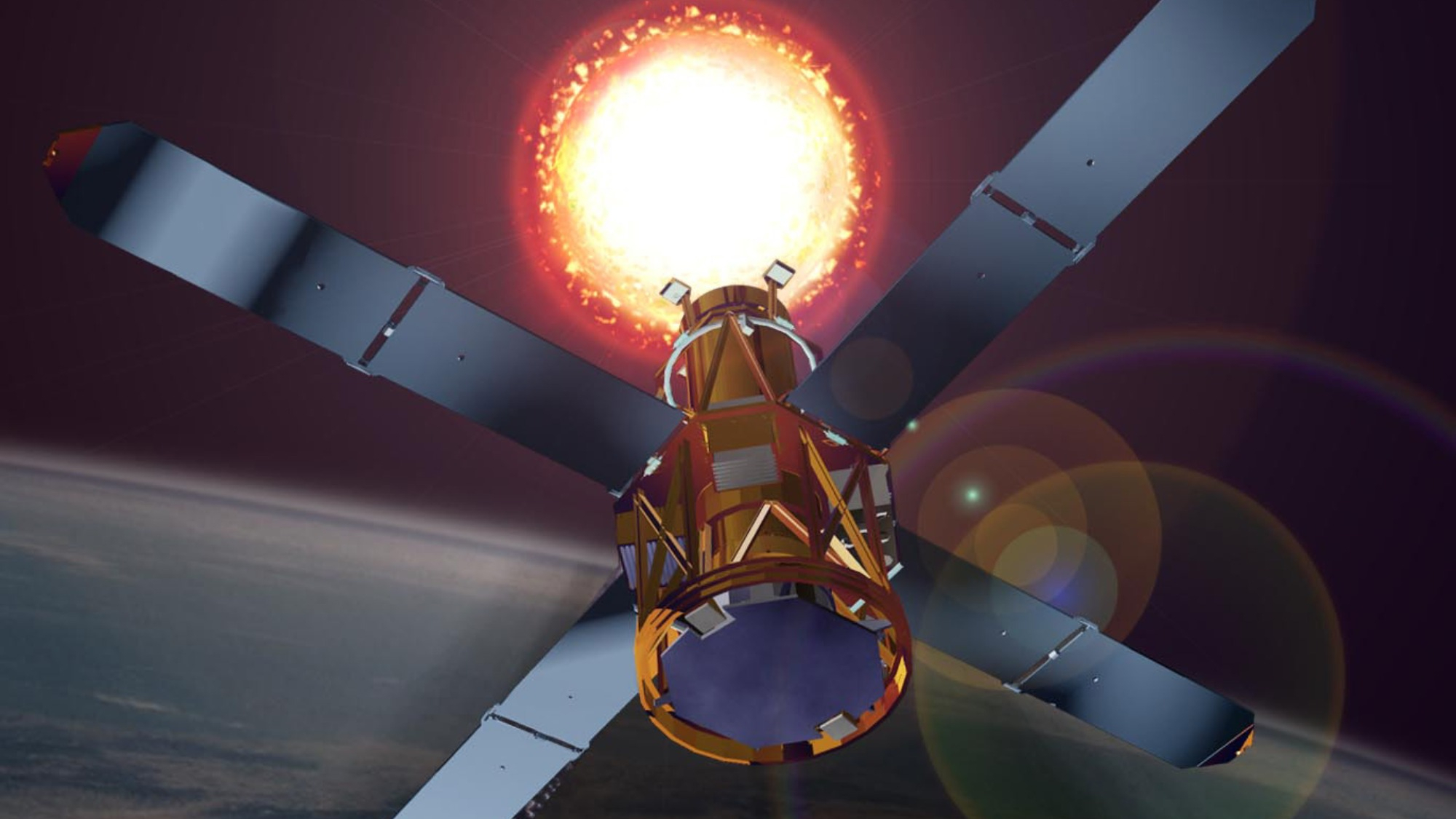 Computer image rendering of NASA RHESSI solar studying satellite above Earth