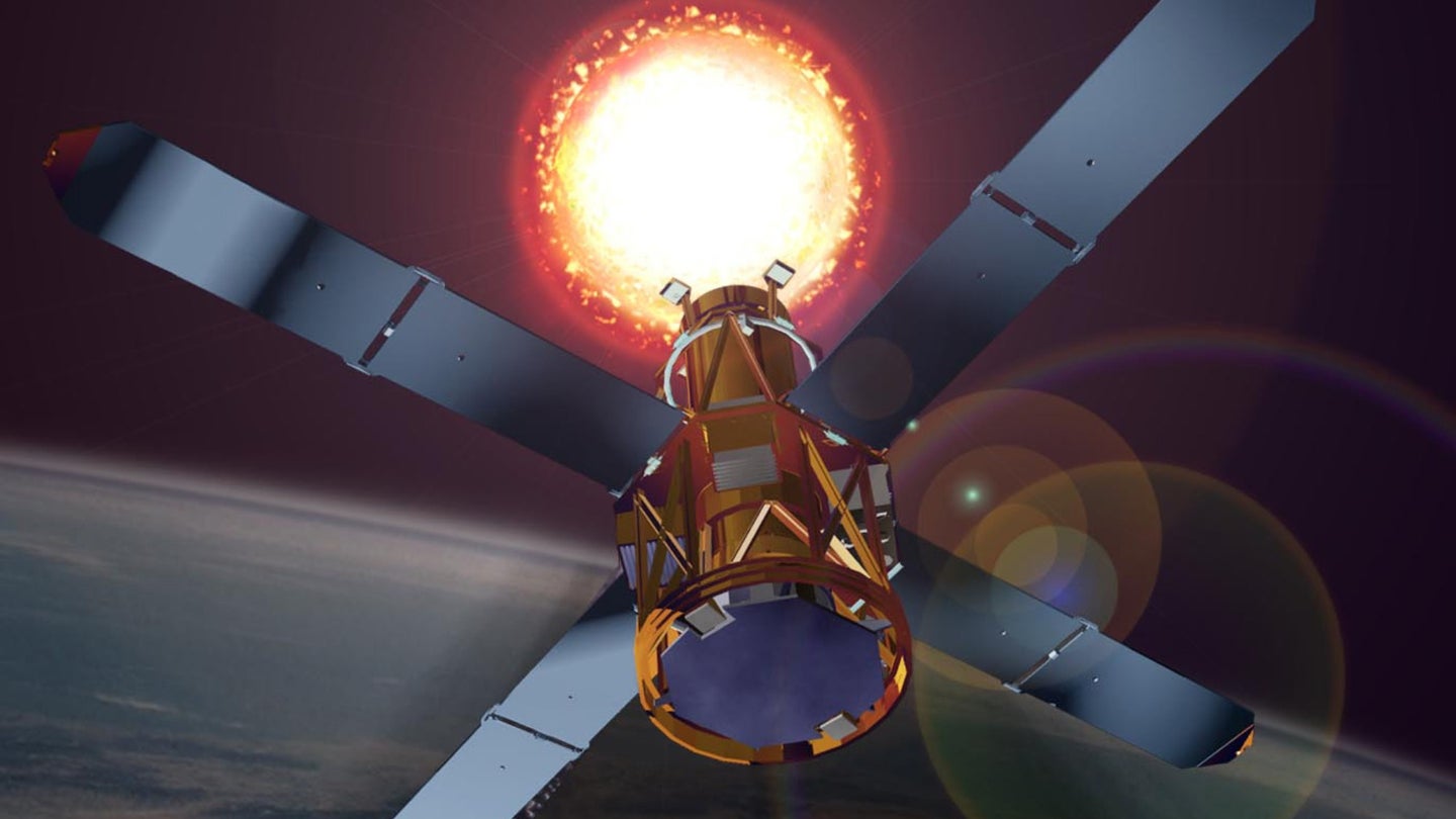 Computer image rendering of NASA RHESSI solar studying satellite above Earth