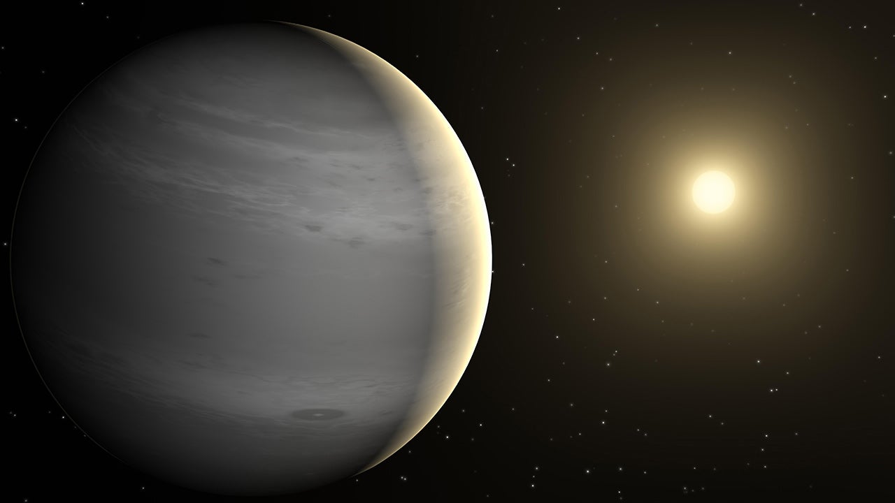 Exoplanet KMT-2021-BLG-1898L b is a gas giant that looks like Jupiter but orbits a separate star. Illustration.