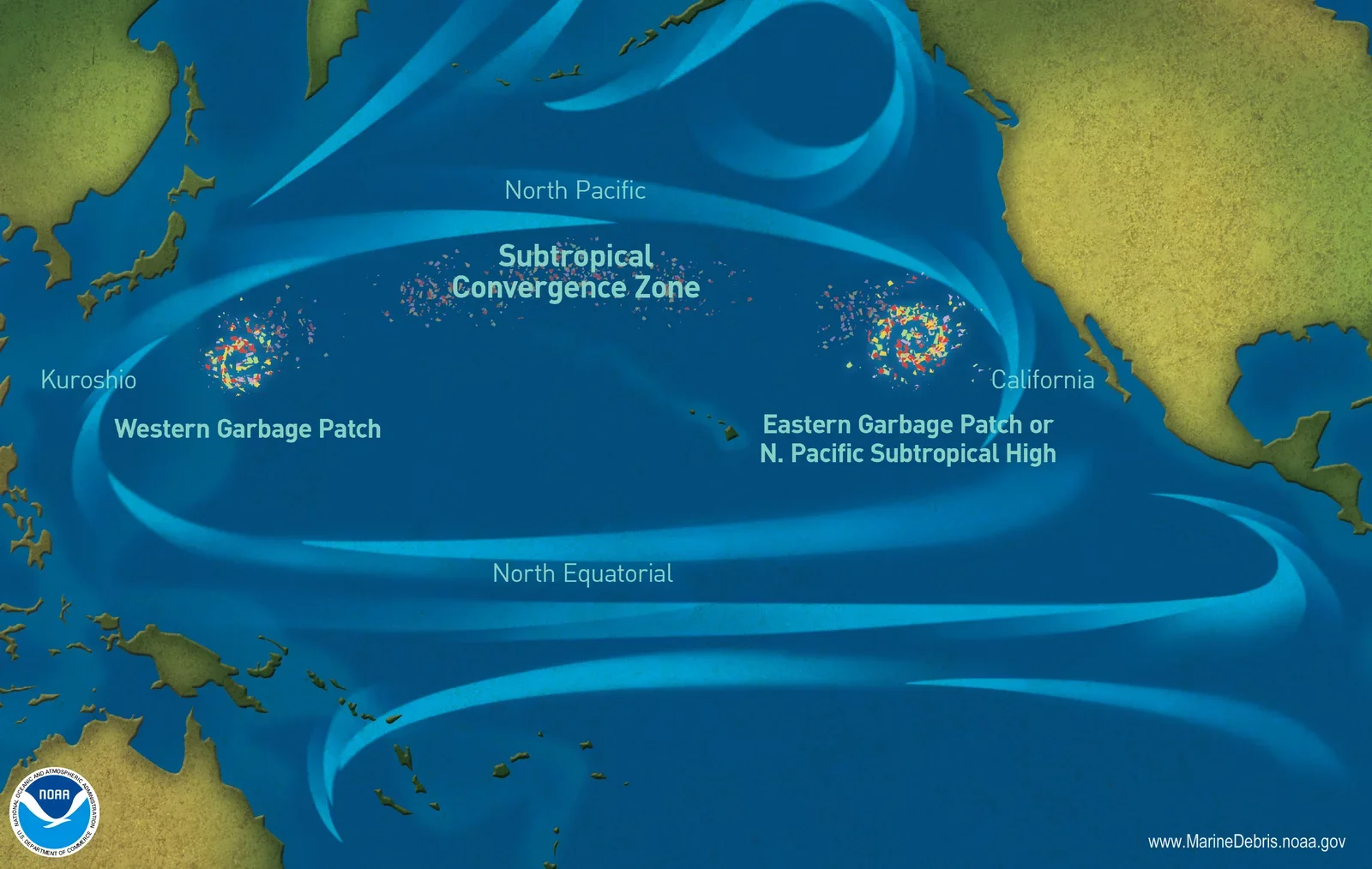 A map of the ocean gyre that creates the Great Pacific Garbage Patch.