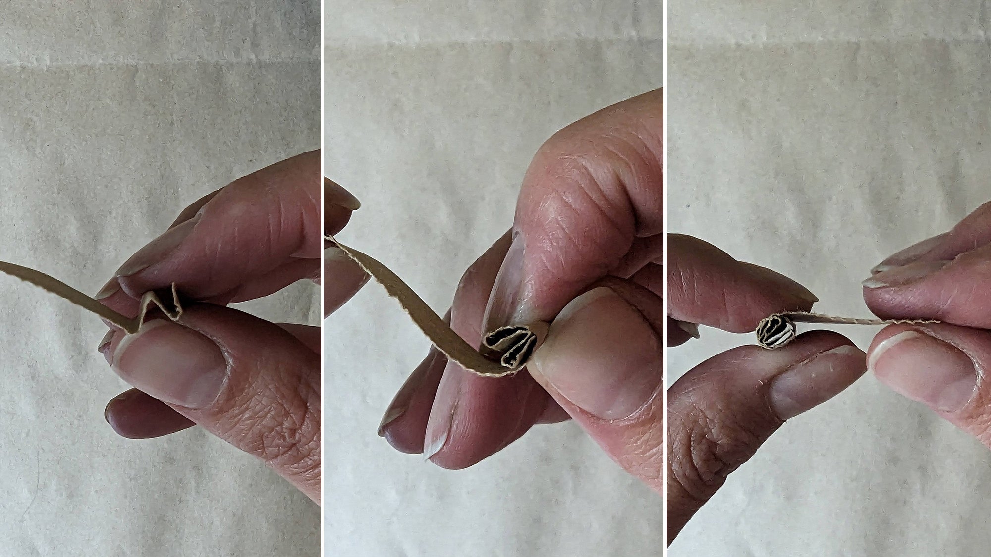 Series of three photos showing hands rolling a smoking tip out of cardboard.