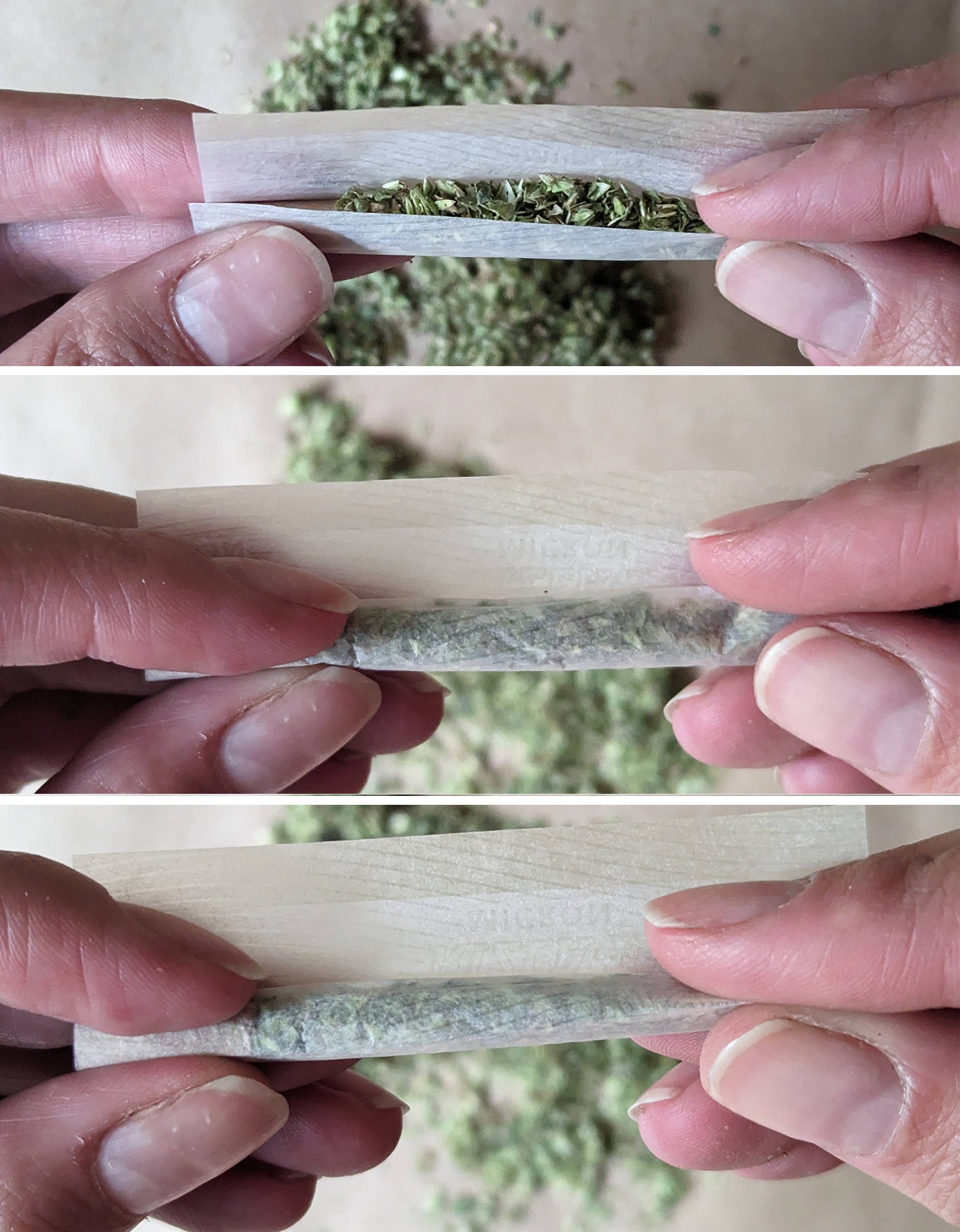 Series of three photos showing how to roll a joint. 