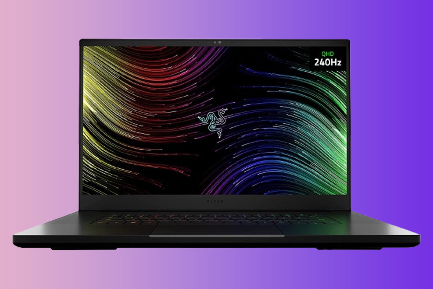 A Razer gaming laptop on a purple gradient background