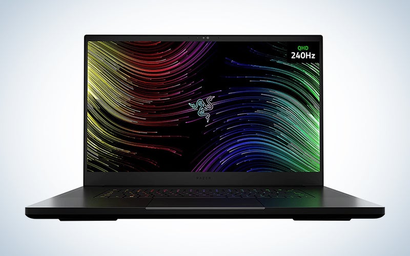 A Razer 17-inch laptop on a blue and white background