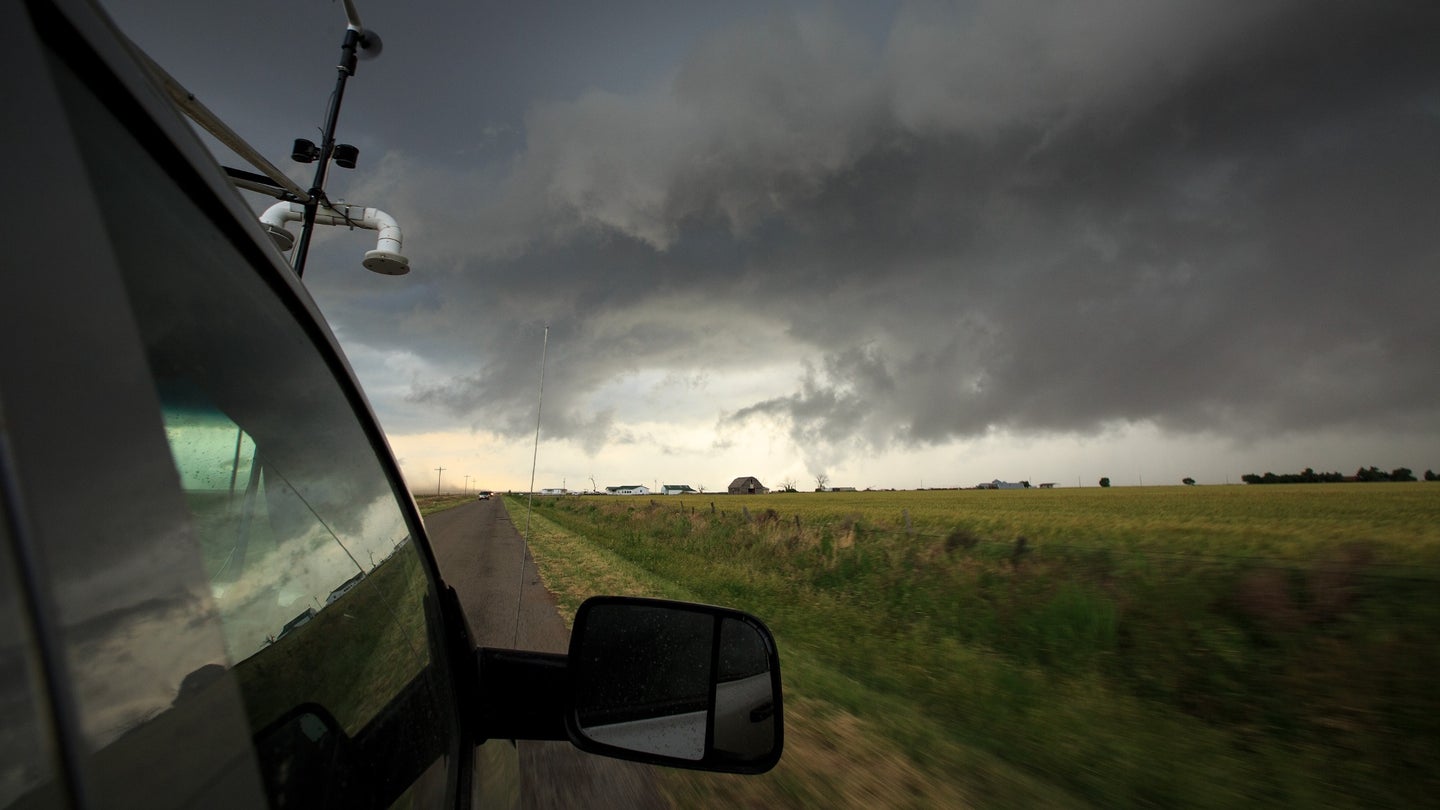 Dark clouds as a supercell thunderstorm develops on May 10, 2017 in Olustee, Oklahoma. Scientists and meteorologists from the Center for Severe Weather Research are getting a closer look to learn more about these destructive storms.