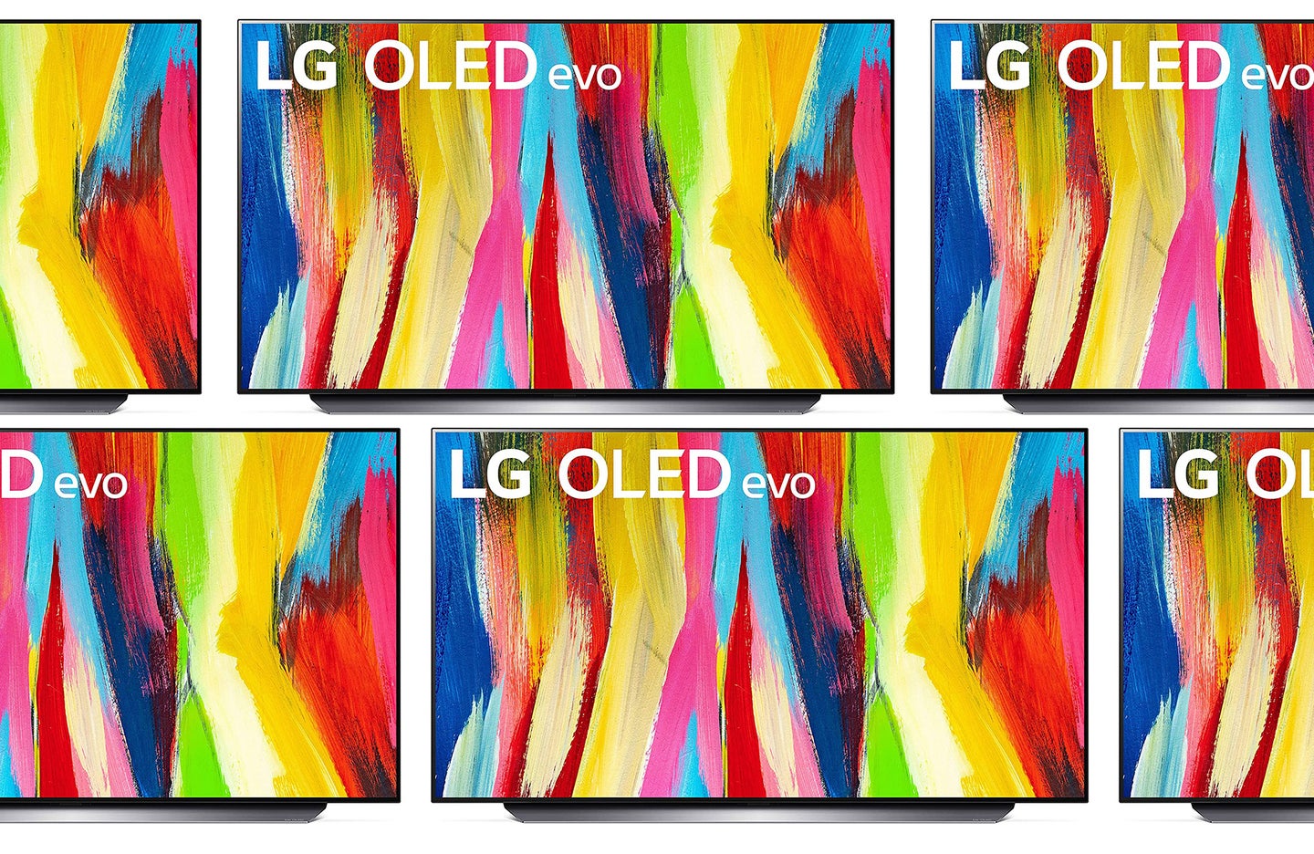 LG C2 TVs in a grid with a colorful pattern on the screen.