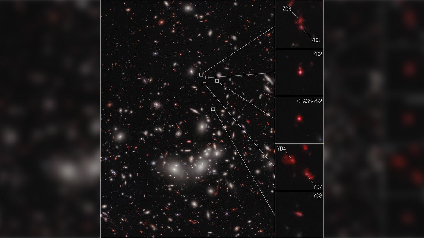 The seven galaxies highlighted in this James Webb Space Telescope image have been confirmed to be at a distance that astronomers refer to as redshift 7.9, which correlates to 650 million years after the Big Bang.