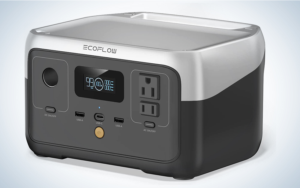An Ecoflow River 2 Portable Power Station on a blue and white background.