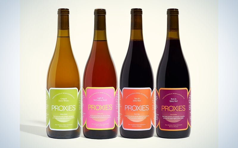 A lineup of Proxies wine alternatives on a blue and white background