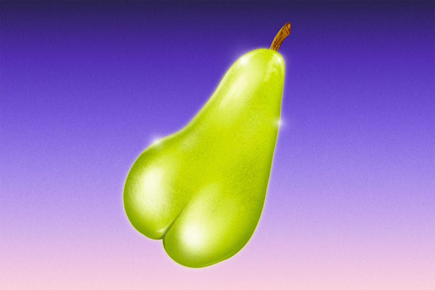 Green pear shaped like butt on purple and pink ombre background