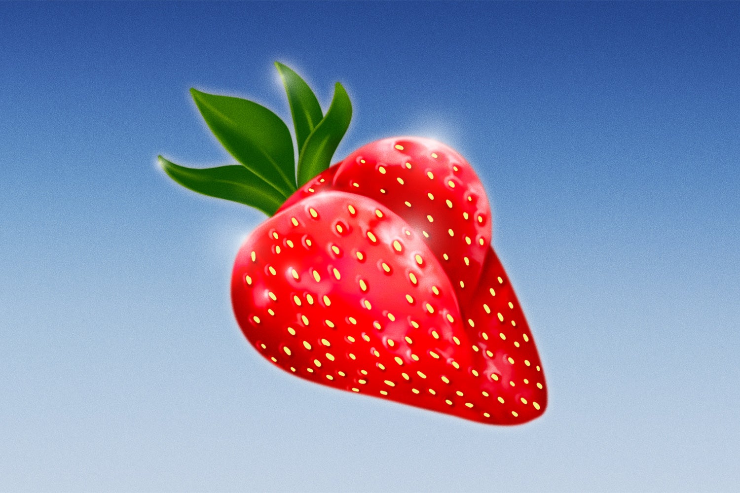 Red strawberry shaped like a butt on a blue and white ombre background