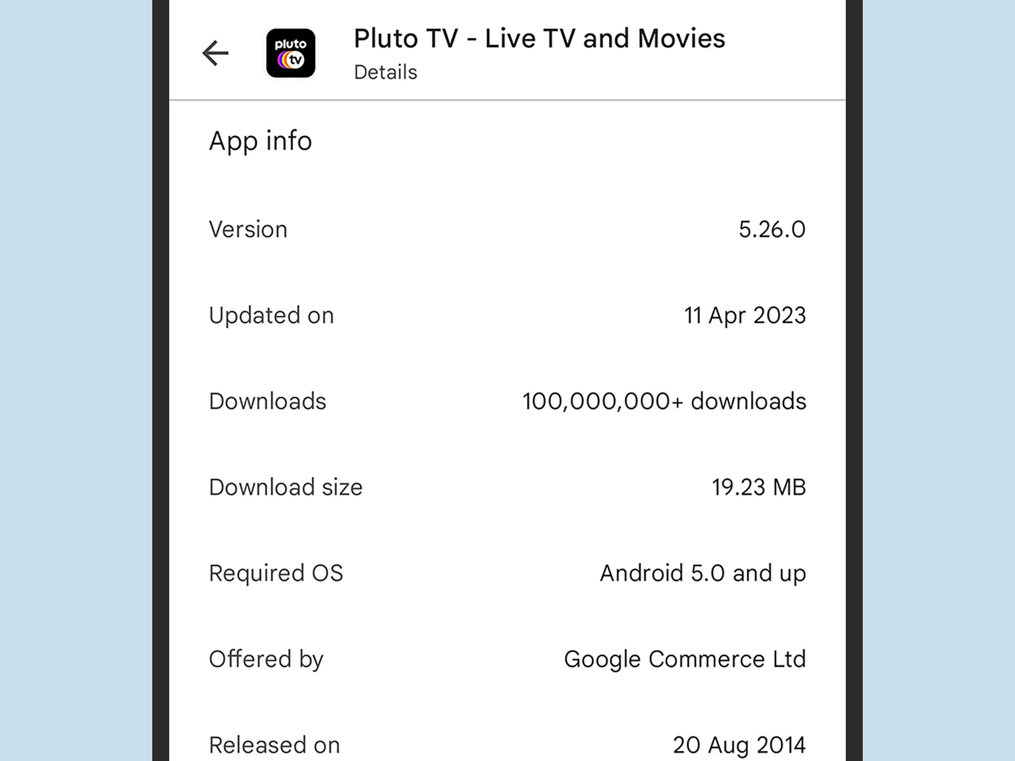 The app info for an Android app on the Google Play store.