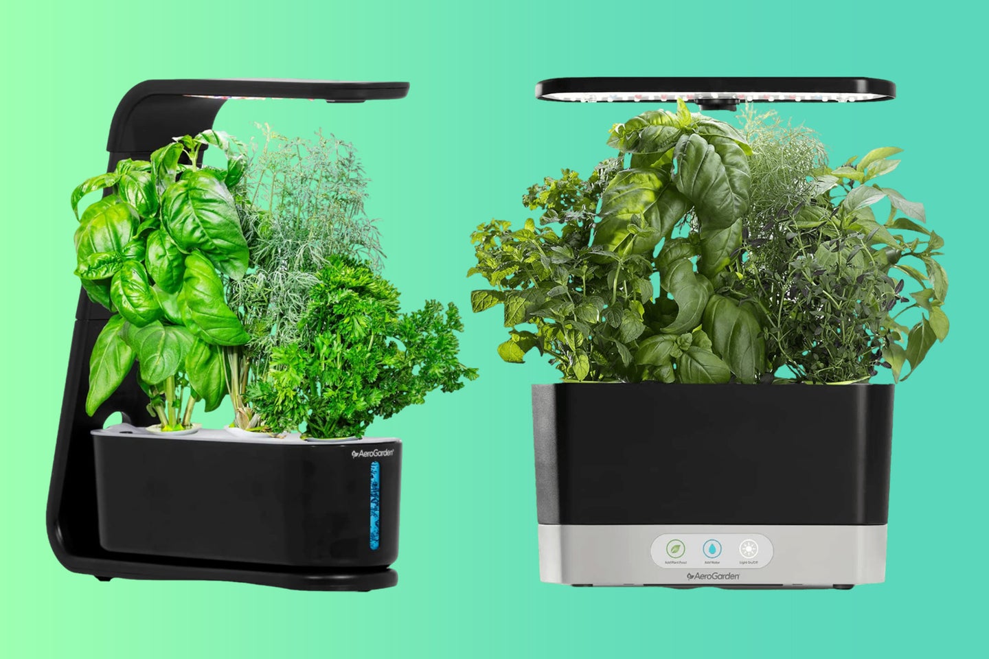 Two AeroGarden HydroPonic growers on a green gradient background