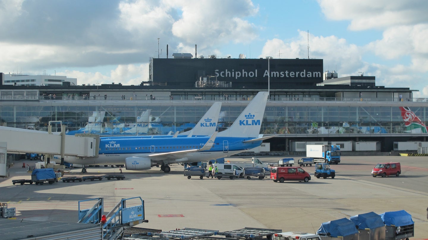 Airplanes at terminals at Amsterdam's Schiphol Airport