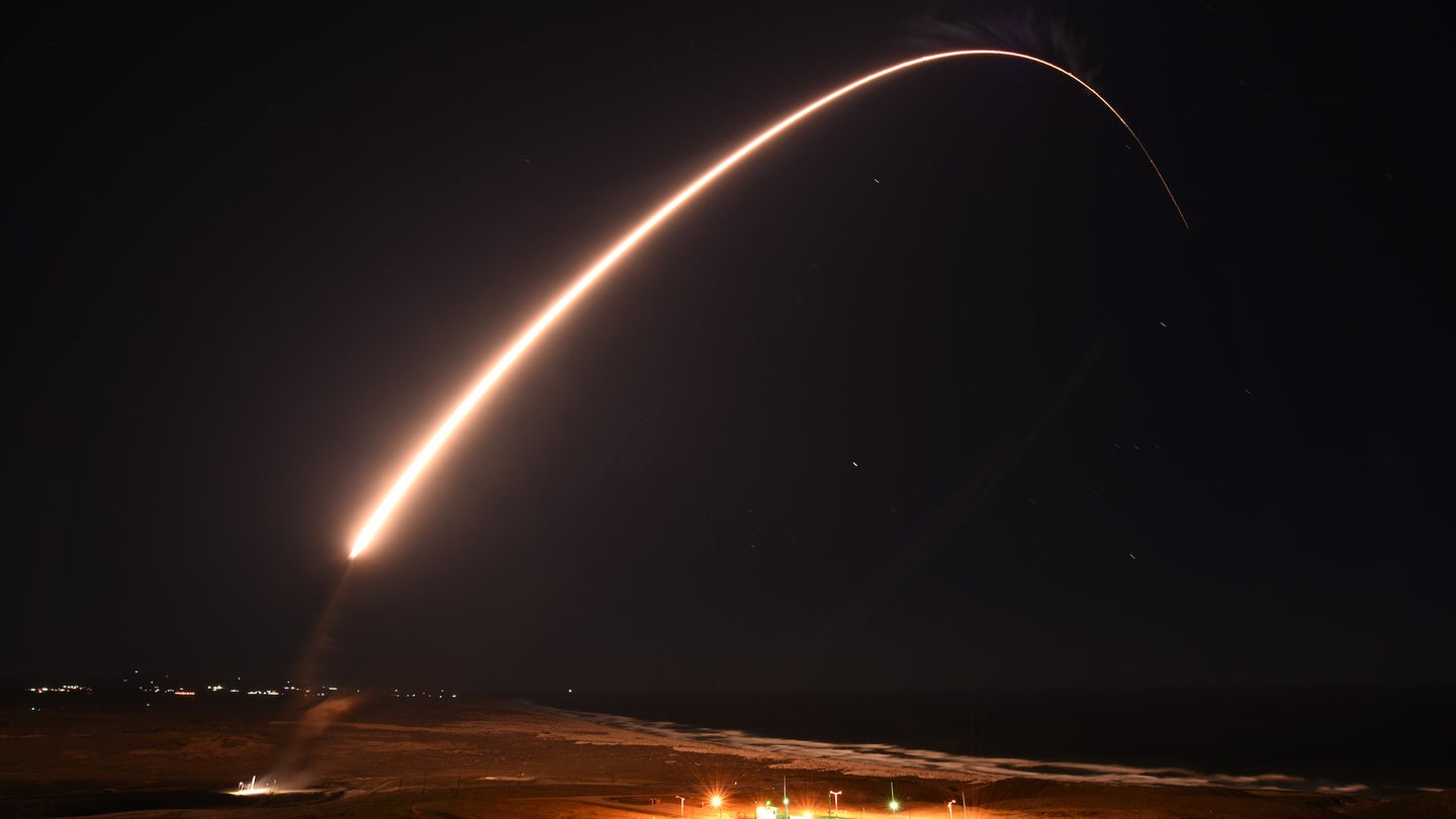 Unarmed missle test launch time lapse at night