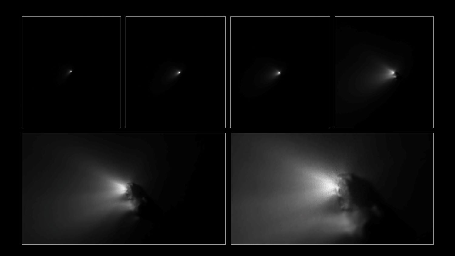 A montage from the Giotto spacecraft as it approaches Halley's Comet.