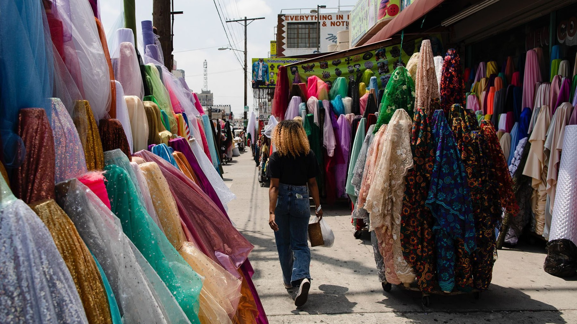 The scene outside a fabric store in L.A.'s Fashion District in April 2023.