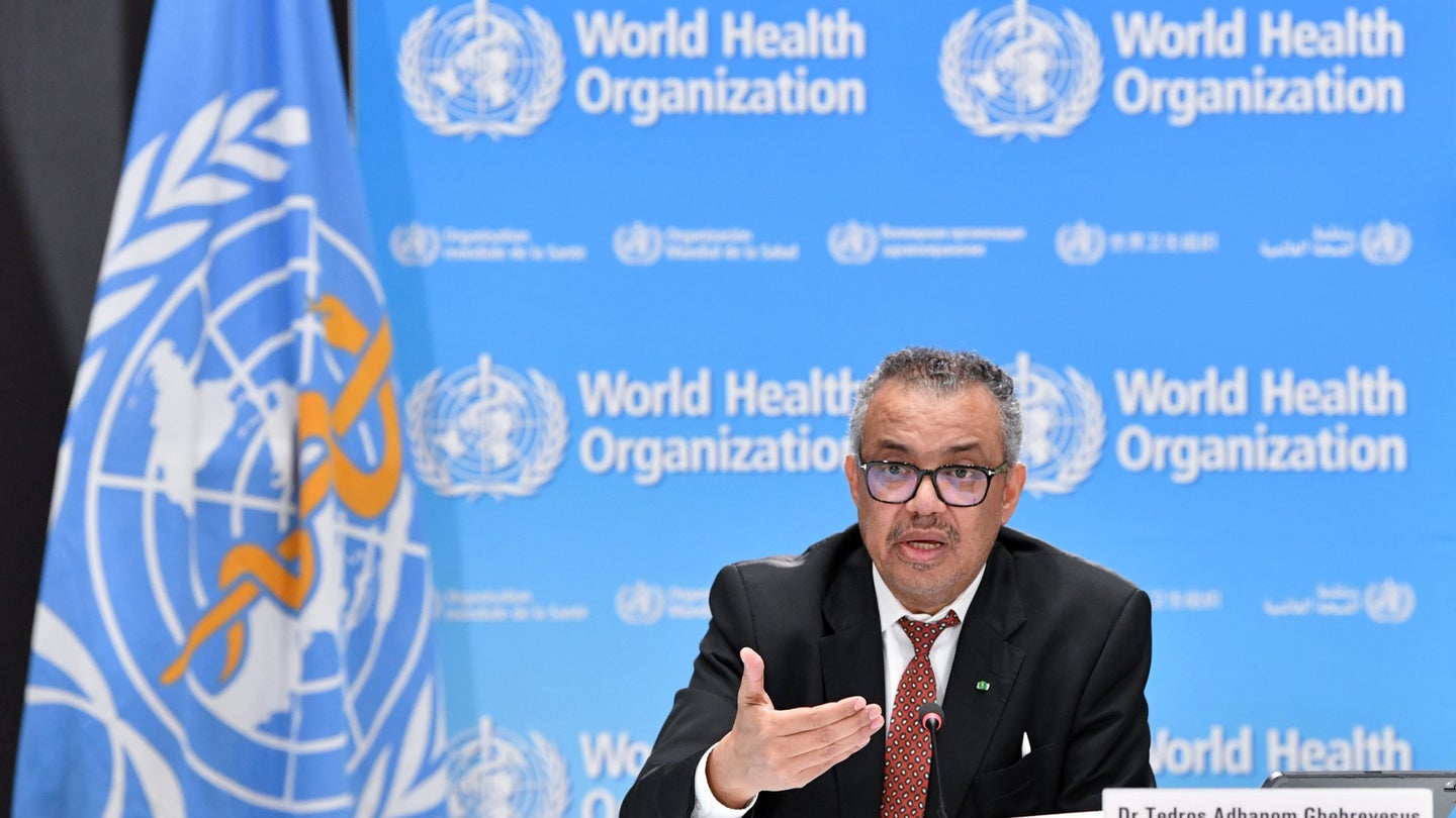 World Health Organization WHO Director General Tedros Adhanom Ghebreyesus speaks during a press briefing at the WHO headquarters in Geneva, Switzerland, April 6, 2023. On the eve of its 75th anniversary, the WHO marked the occasion on Thursday by calling for a renewed drive for health equity in the face of unprecedented threats.