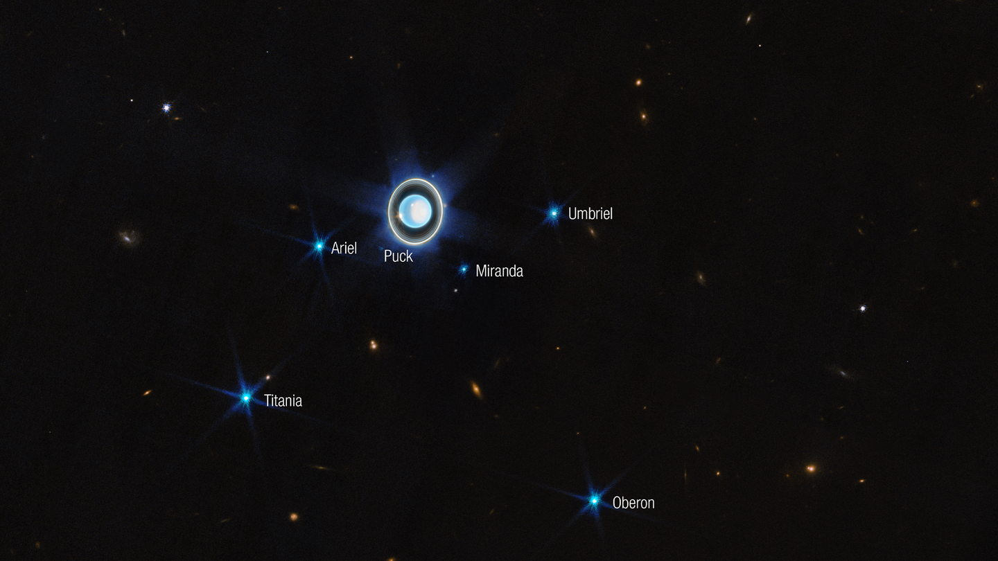 A NASA image of the planet Uranus with six of its 27 known moons, Ariel, Puck, Miranda, Umbriel, Titania, and Oberon, labeled.