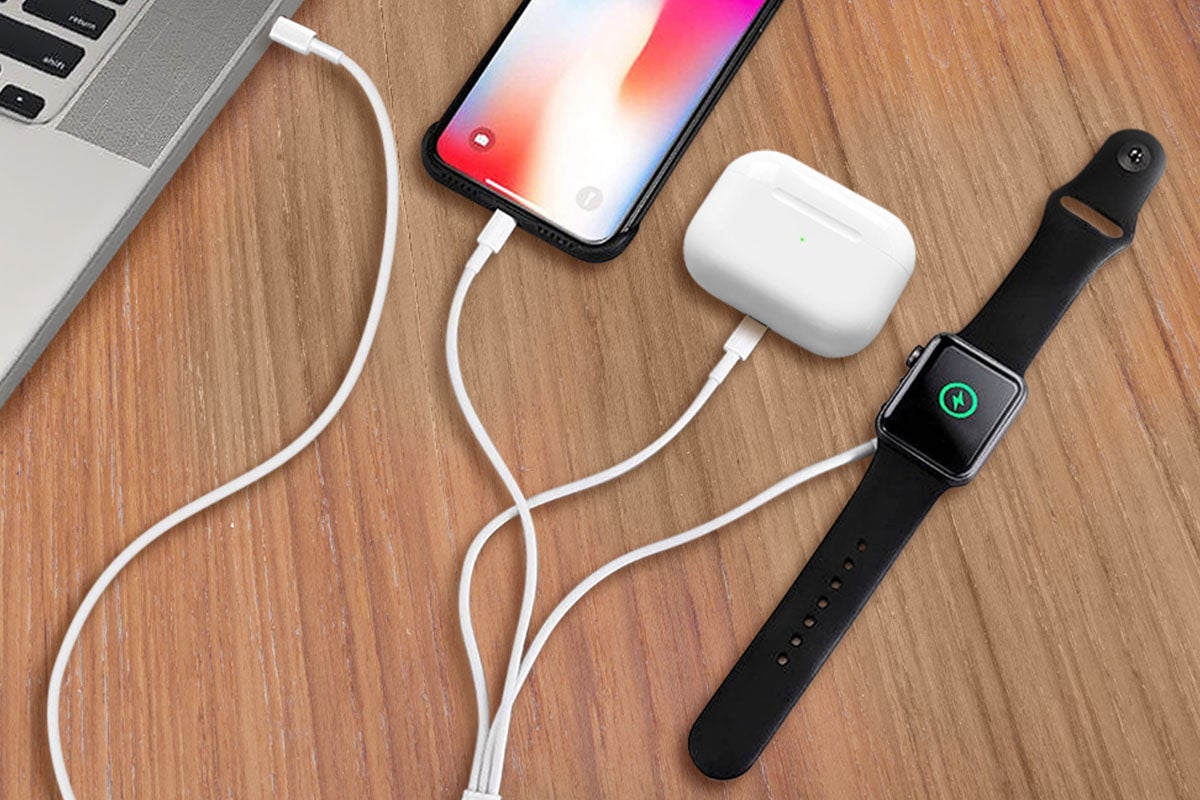 A multipurpose charging cable charing three Apple devices.