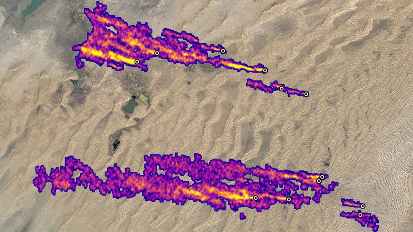 A NASA satellite image of huge plumes of methane coming from fossil fuel fields in Turkmenistan.