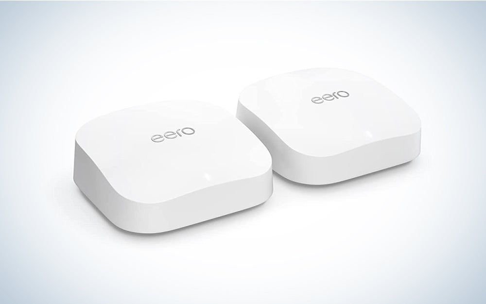 An Amazon eero 6E mesh wifi system on a blue and white background