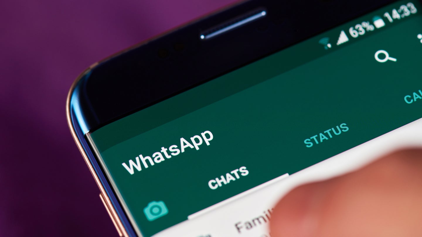 Close-up of WhatsApp home screen on smartphone