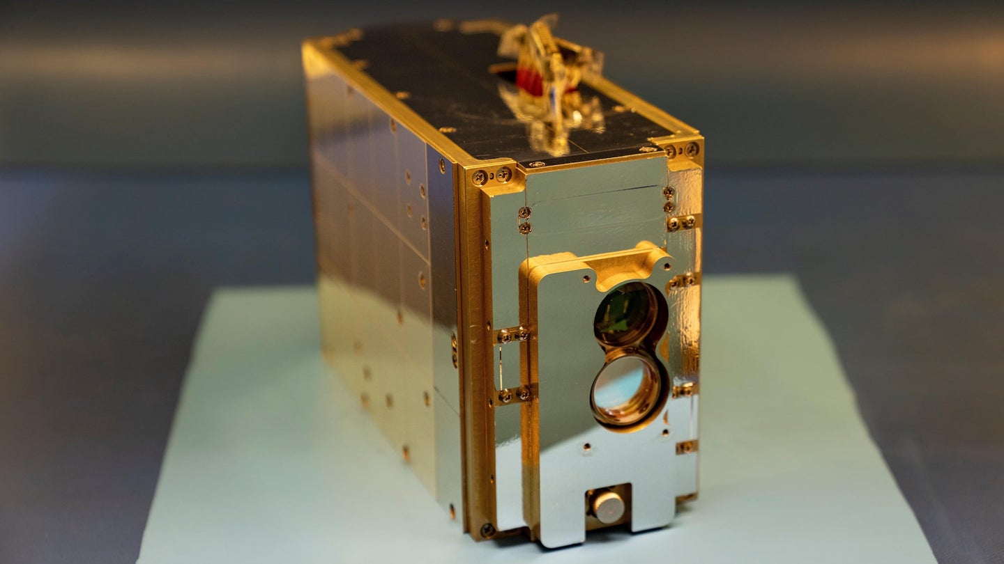 NASA's TeraByte InfraRed Delivery system satellite on a pedestal