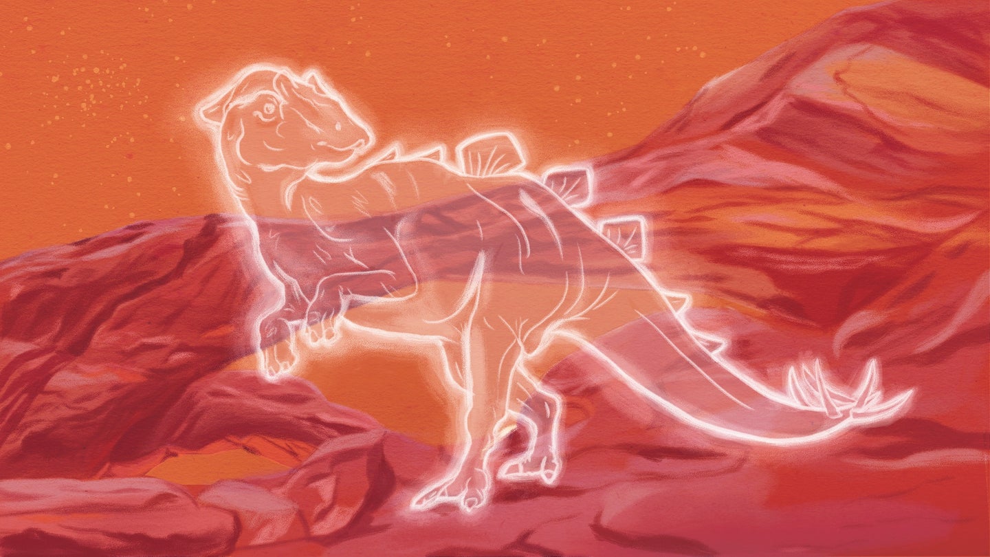 Glowing outline of a fictitious dinosaur in Arches National Park to symbolize missing fossils in deserts. Illustration.