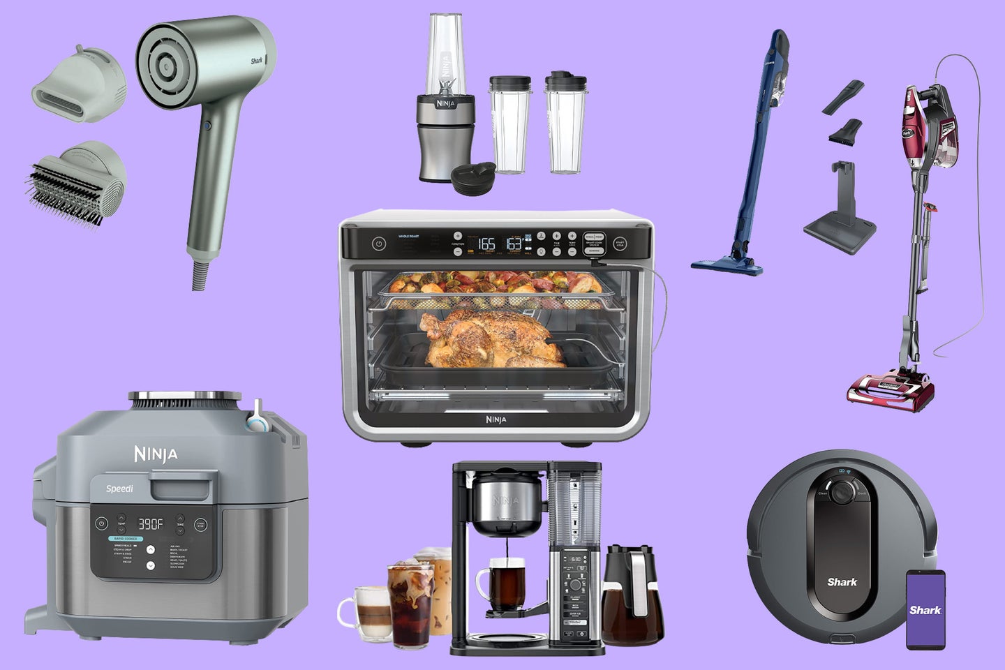 A lineup of Shark appliances on a purple background