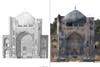 Side-by-side of hand drawn and renderings of the Green Mosque.