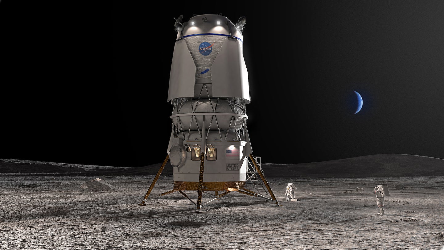 Concept art of Blue Origin NASA Artemis V lunar lander on moon
