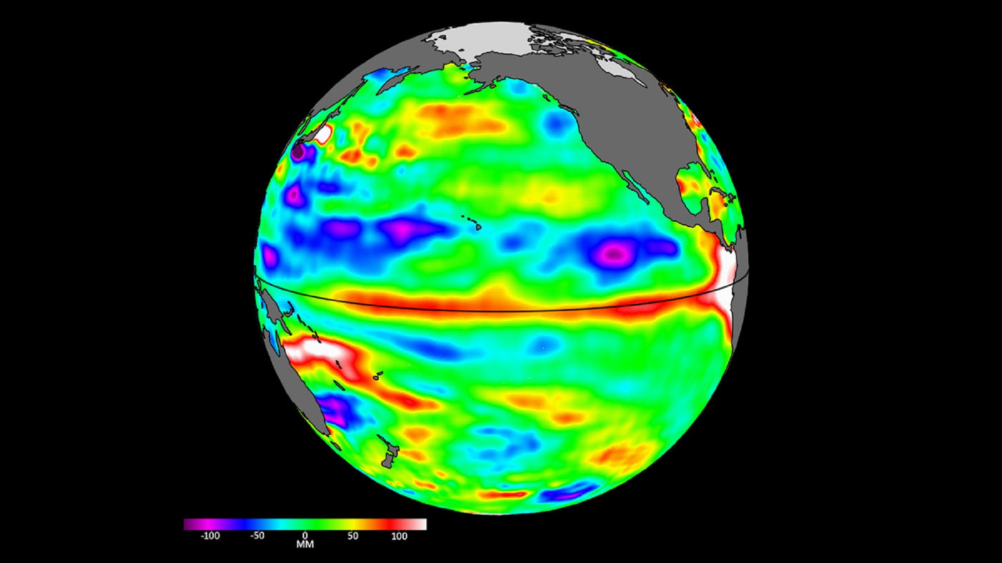 El Nino 2023 signs on NASA weather satellite data on higher Pacific Ocean temperatures and water levels, marked by red around the equator