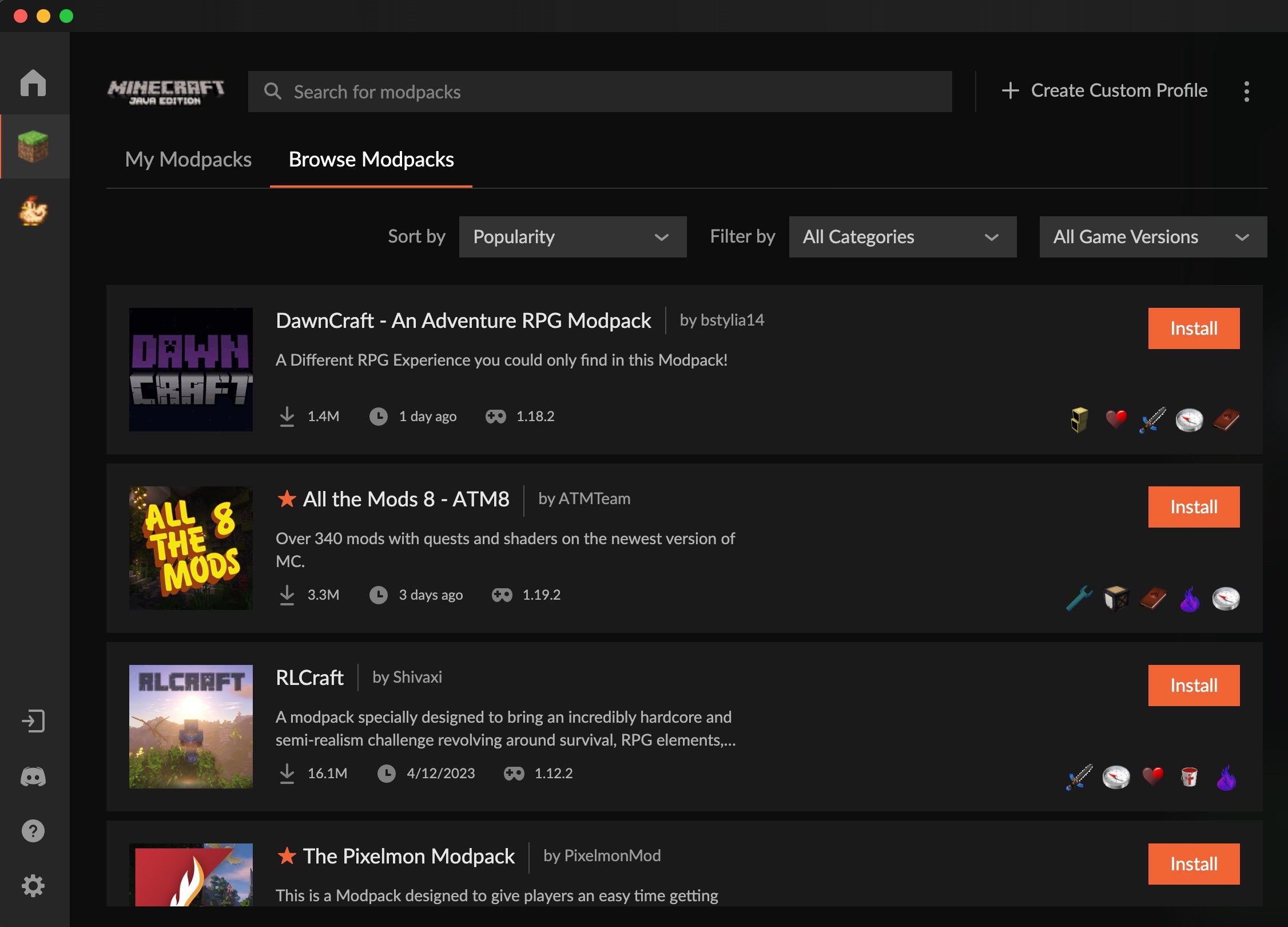 The modpack browsing interface on CurseForge, a platform that hosts mods for Minecraft and other video games.