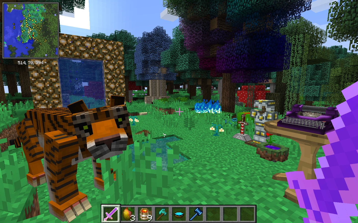 A Minecraft world with multiple mods installed, and a tiger in the foreground.