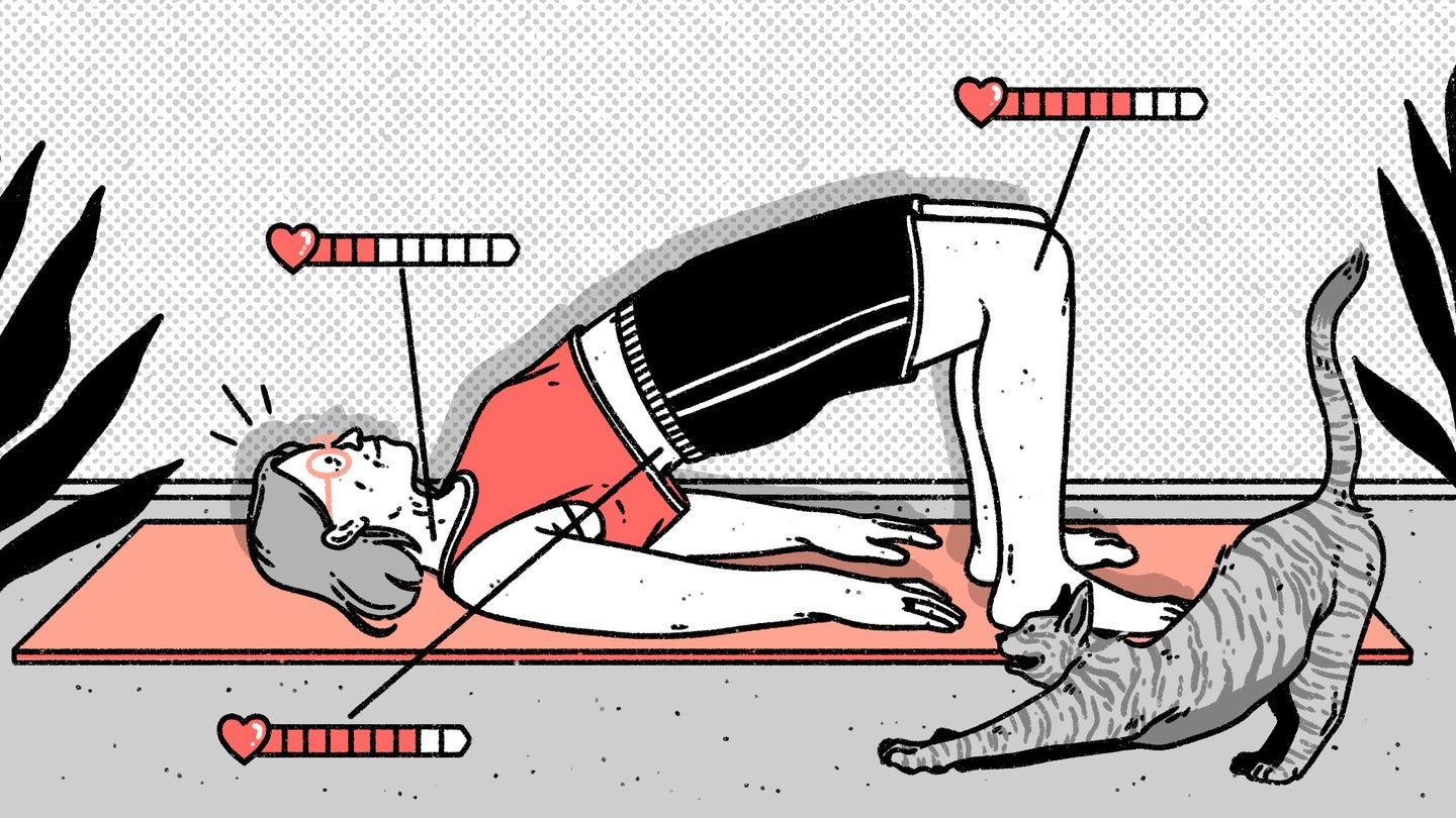 Person on yoga mat doing bridge exercise to work out muscles in core, neck, and back. Illustrated in red, black, white, and gray.