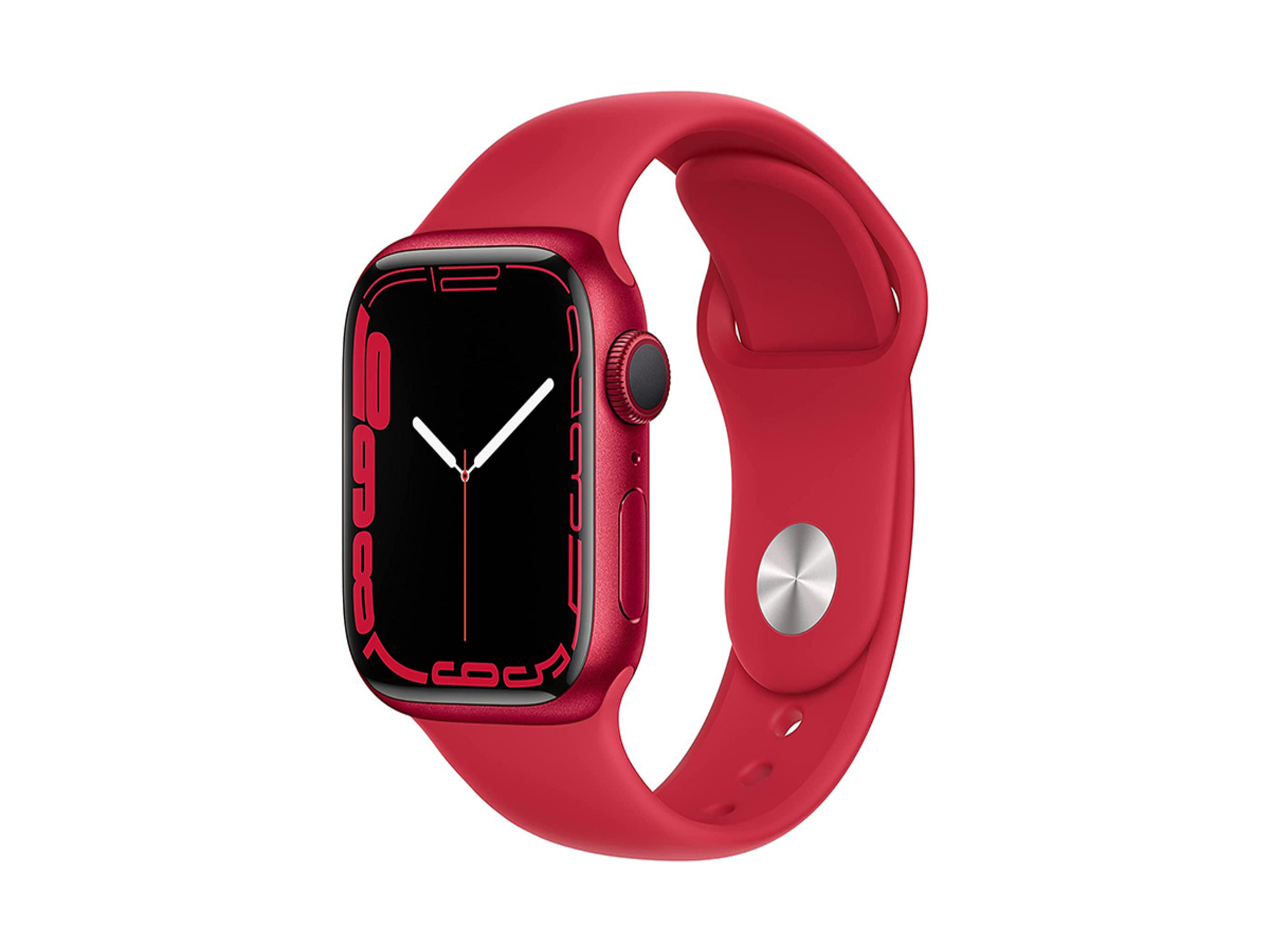 A red Apple Watch 7 on a white background