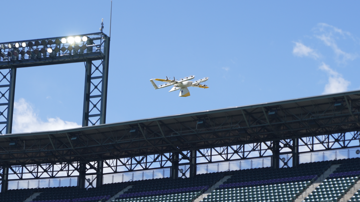 Wing's drone flying in the stadium