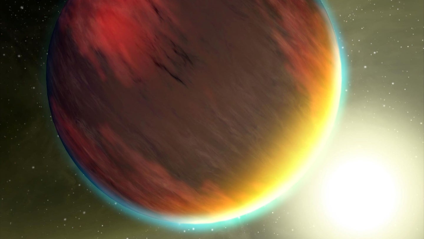 An illustration of a hot Jupiter planet, based on Hubble observations.