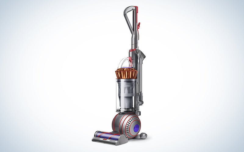 A Dyson Ball Animal 3 vacuum cleaning on a blue and white background