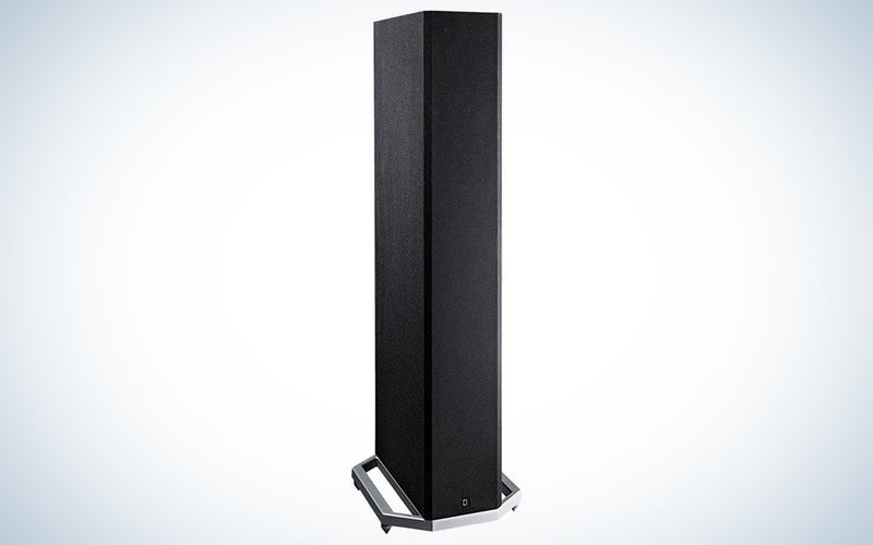 A black Definitive Technology tower speaker on a blue and white background