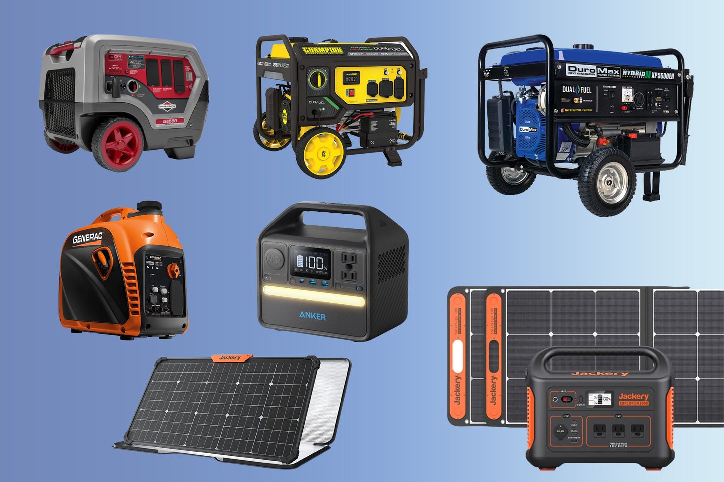 A lineup of solar generators on a blue gradient background