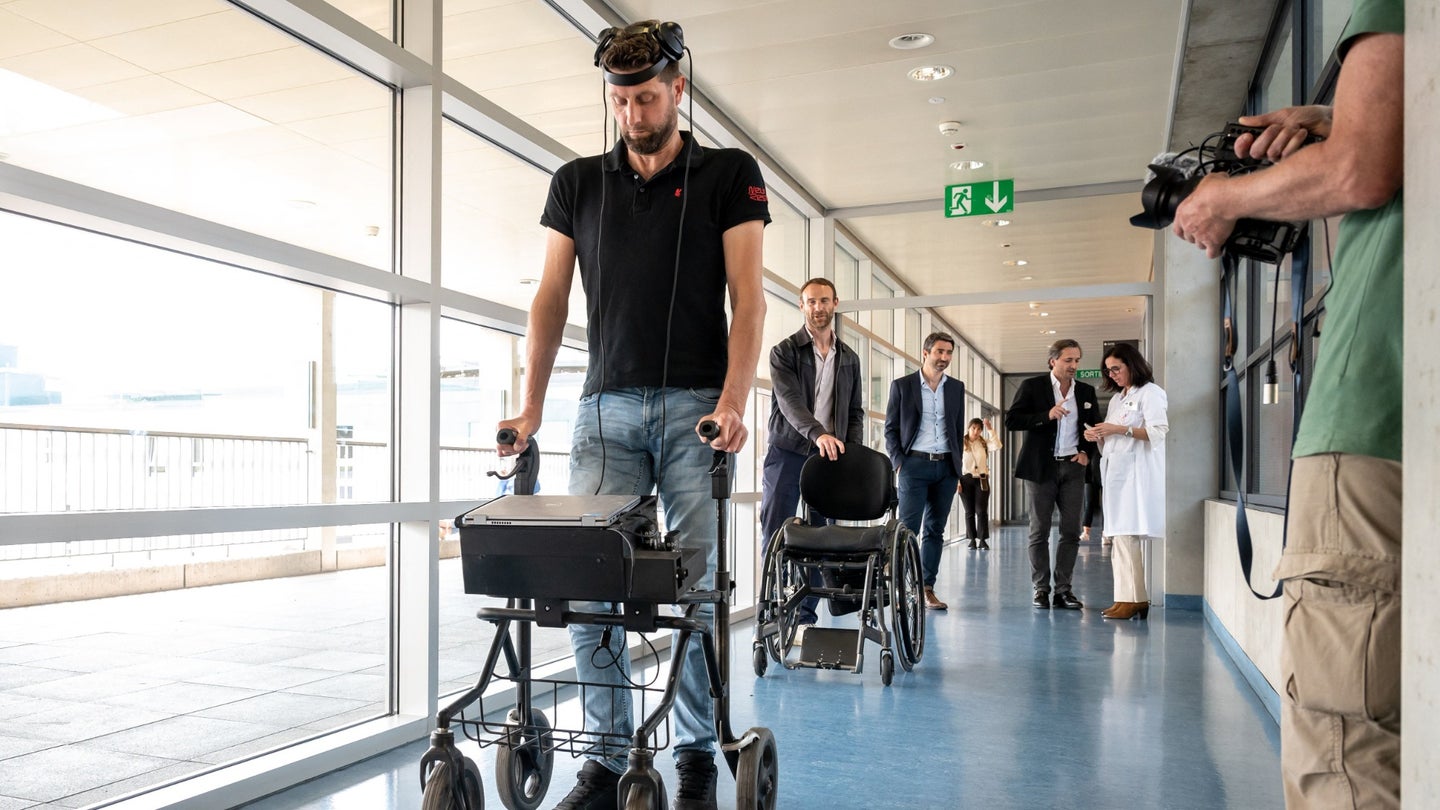 For the first time after more than a decade of work by researchers in France and Switzerland, a paralyzed man has regained the ability to walk naturally using only his thoughts thanks to two implants that restored communication between his brain and spinal cord. The press conference was held in Lausanne on May 23, 2023.