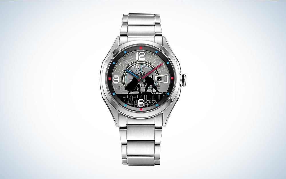 A Citizen Star Wars watch on a blue and white background