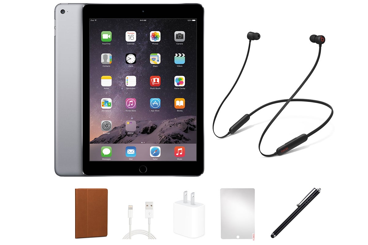 An iPad Air with a pair of Beats Flex headphones on a white background