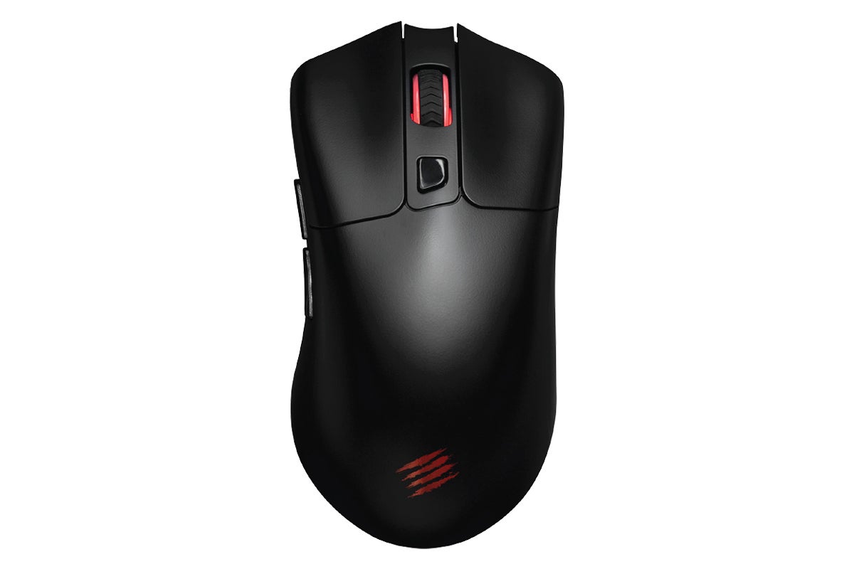 A ergonomic gaming mouse on a white background